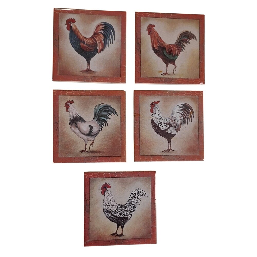 Set of Five Vintage-style Rooster  Ceramic Accent Tiles